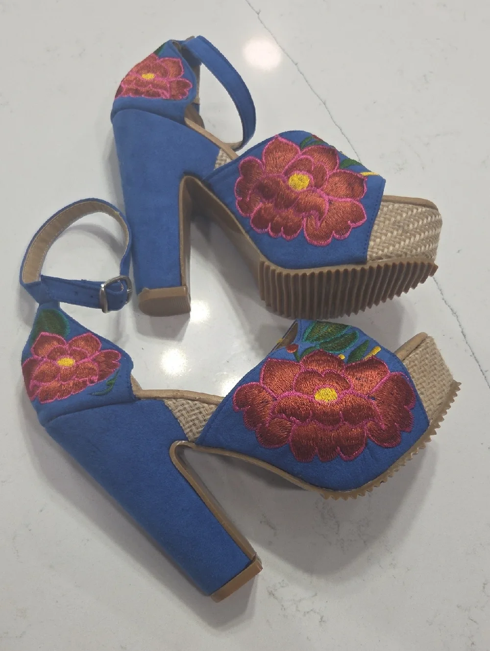 Blue Embroidered Floral Platform Heels